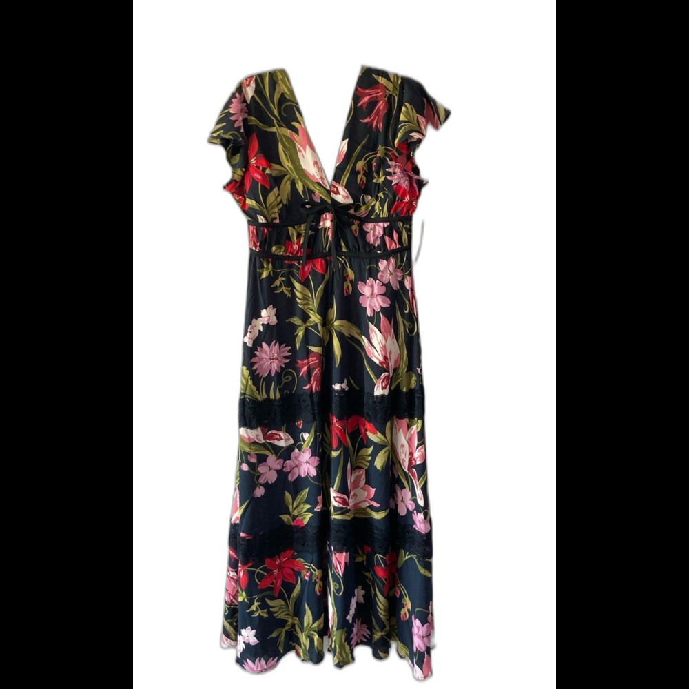 Venus black floral maxi dress tiered lace flutter sleeves women's 12 NWT